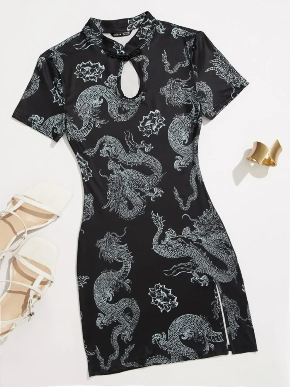 VN200 Vestido Qipao corto Negro dragones rojo/gris - Image 3