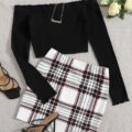VN147 conjunto top borde lechuga y falda escocesa blanca