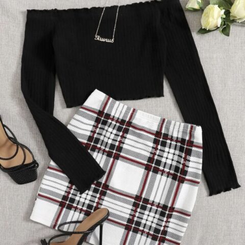 VN147 conjunto top borde lechuga y falda escocesa blanca