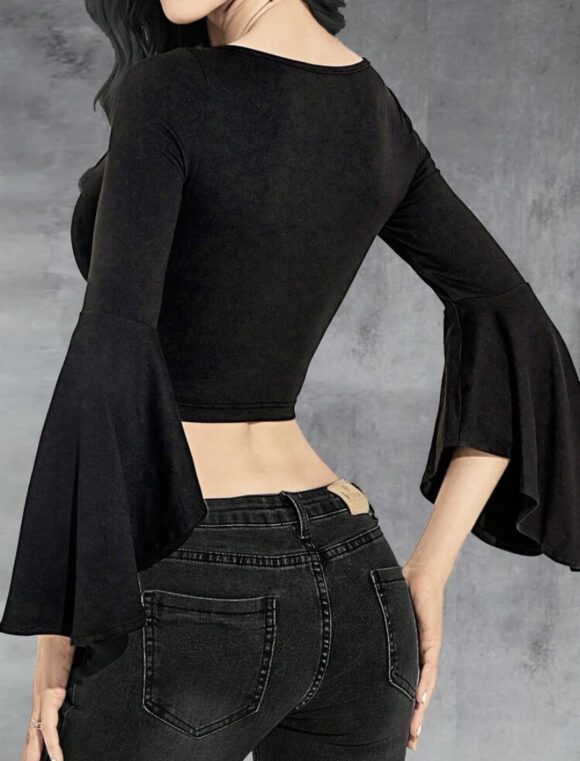 VN128 blusa negra con encaje y mangas largas abiertas - Image 2