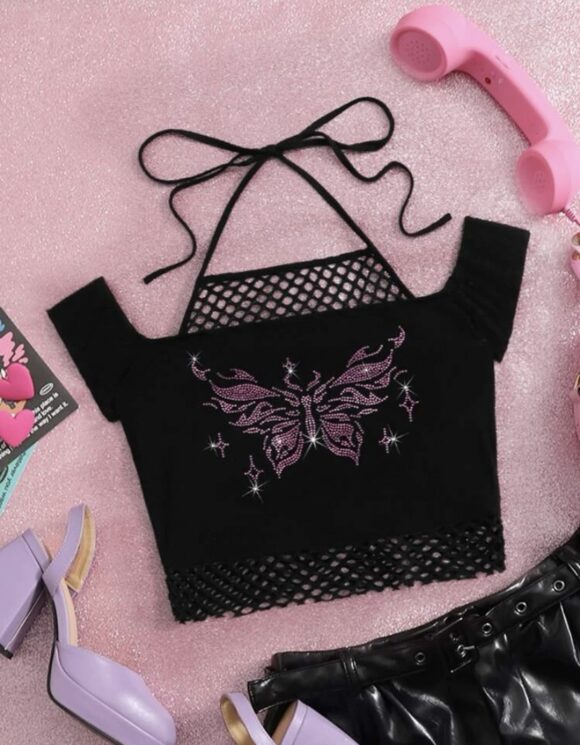 VN123 top grunge estampado de mariposa rosa