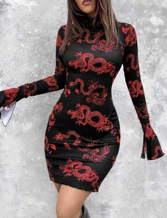 VN99 vestido qipao largo negro dragones rojos - Image 2