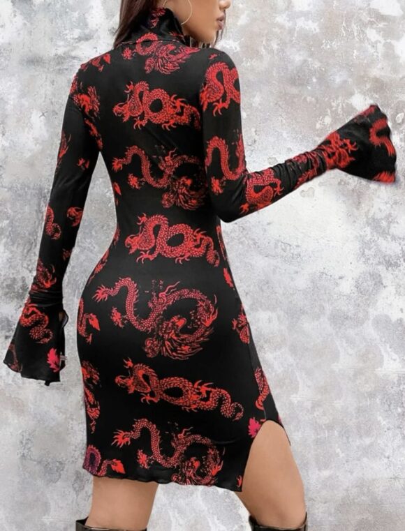 VN99 vestido qipao largo negro dragones rojos