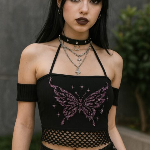 VN123 top grunge estampado de mariposa rosa