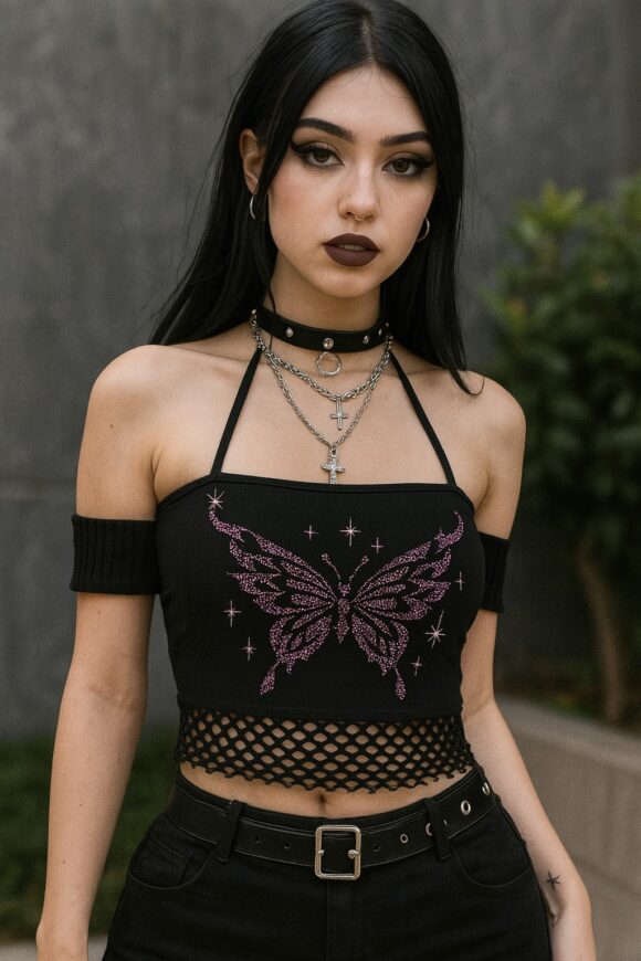 VN123 top grunge estampado de mariposa rosa