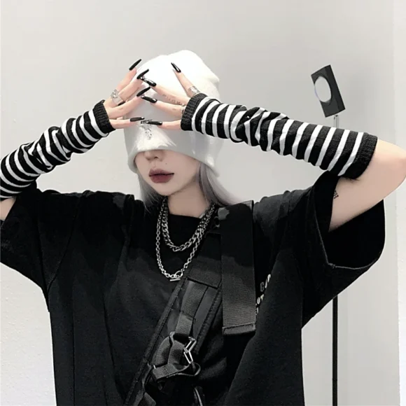 Guantes de manga larga para hombre y mujer, manoplas de codo de punto, elásticas, sin dedos, a rayas - Image 2