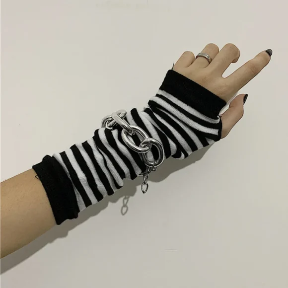 Guantes de manga larga para hombre y mujer, manoplas de codo de punto, elásticas, sin dedos, a rayas