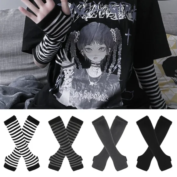 Guantes de manga larga para hombre y mujer, manoplas de codo de punto, elásticas, sin dedos, a rayas - Image 3