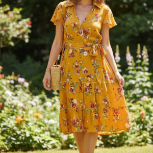 VN77 Vestido semi-formal amarillo con flores