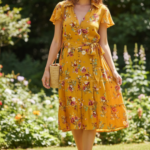 VN77 Vestido semi-formal amarillo con flores