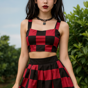 VN427 CONJUNTO DE TOP Y BLUSA DE CUADROS NEGROS CON ROJO SÚPER DE MODA Y CÓMODO
