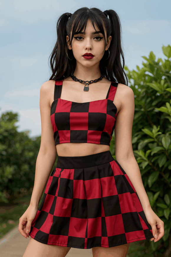 VN427 CONJUNTO DE TOP Y BLUSA DE CUADROS NEGROS CON ROJO SÚPER DE MODA Y CÓMODO