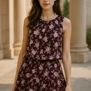VN421 CONJUNTO BLUSA Y FALDA HORTENSIA CONCHO DE VINO FLOREADO, ELEGANTE Y A LA VEZ SUTIL