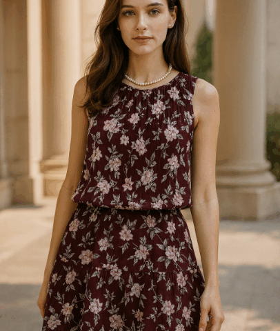 VN421 CONJUNTO BLUSA Y FALDA HORTENSIA CONCHO DE VINO FLOREADO, ELEGANTE Y A LA VEZ SUTIL