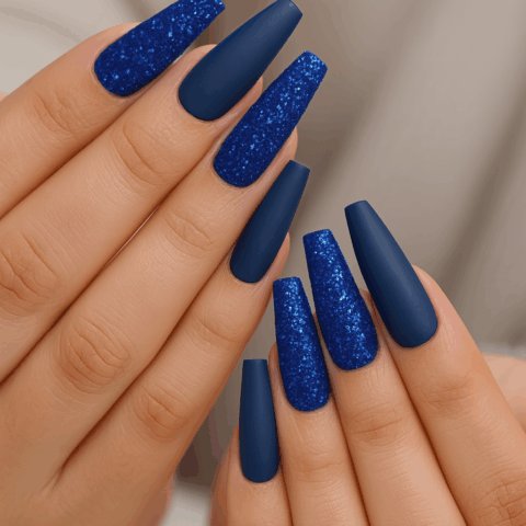 VN398 Uñas largas azul brillosas y azul matificado