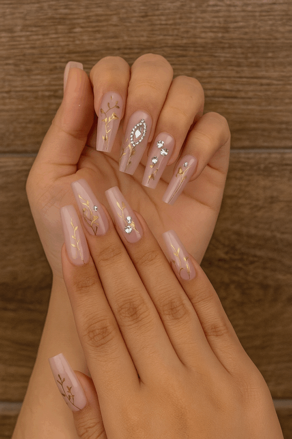 VN422 Uñas largas rosadas bajito de flores y pepitas