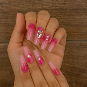 VN405 Uñas largas rosadas de flores y pepitas