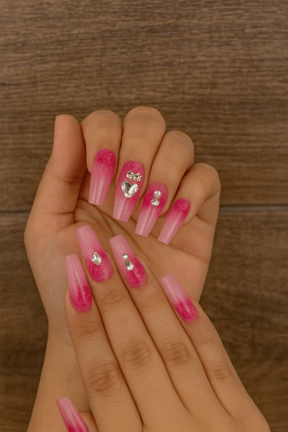 VN405 Uñas largas rosadas de flores y pepitas