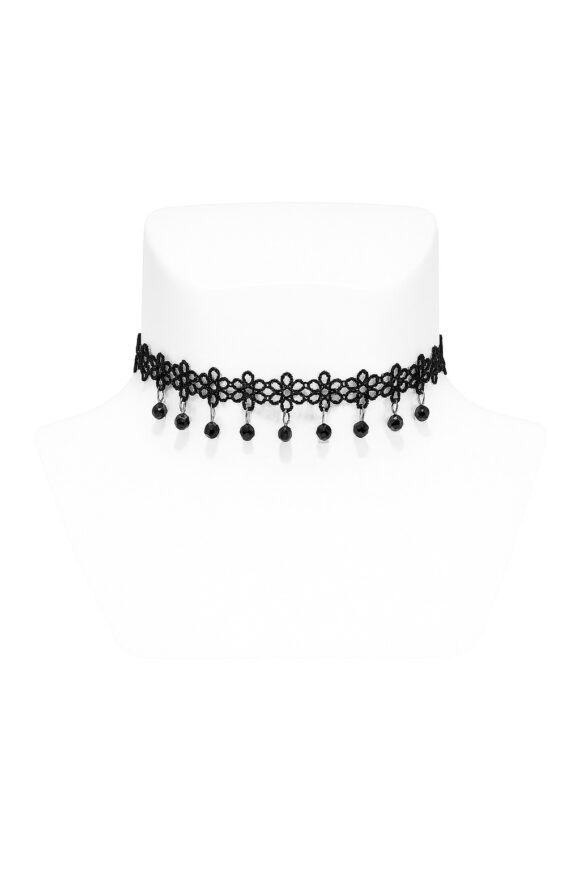 vn991 Choker de Encaje con Dije de Gotas Negras