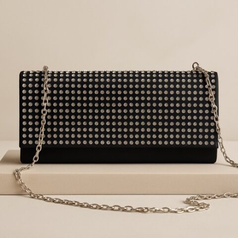 vn1048 Cartera de brillos de color negro con Cadena de acero