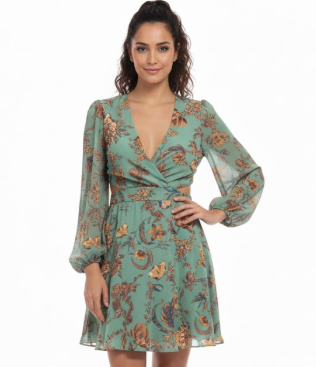 VN1153 Vestido Verde con Flores Doradas M/L