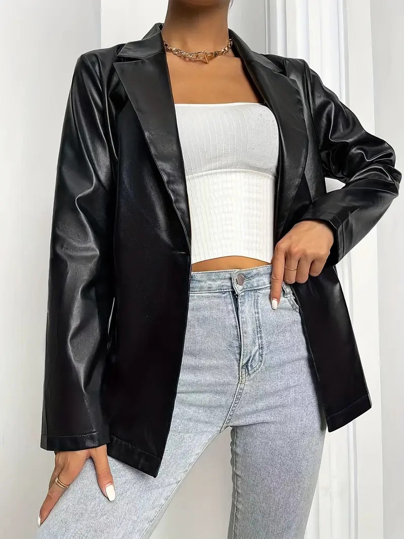 vn1169 Chaqueta oversized tipo blazer cuero negro T/M
