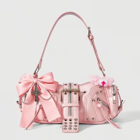 VN1173 Bolso de Mano Y2K Rosado Cuero Sintético con Lazo