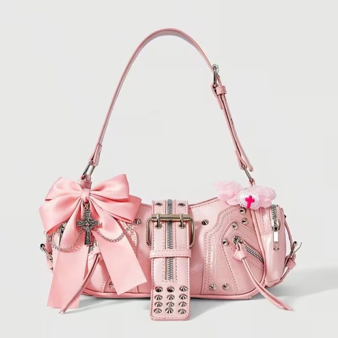 VN1173 Bolso de Mano Y2K Rosado Cuero Sintético con Lazo