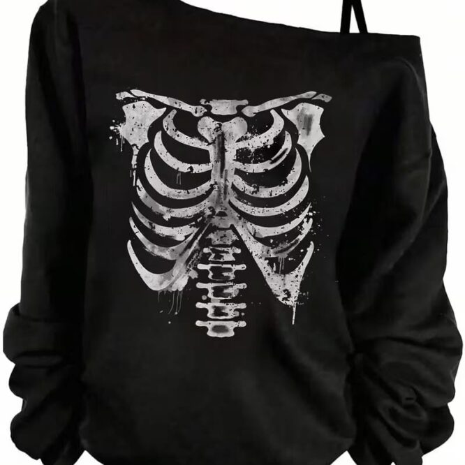 VN1185 Sudadera con Capucha Estampado de Esqueleto T/M