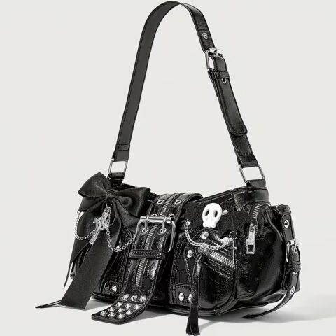 VN1174 Bolso de Mano Y2K Negro Cuero Sintético con Lazo