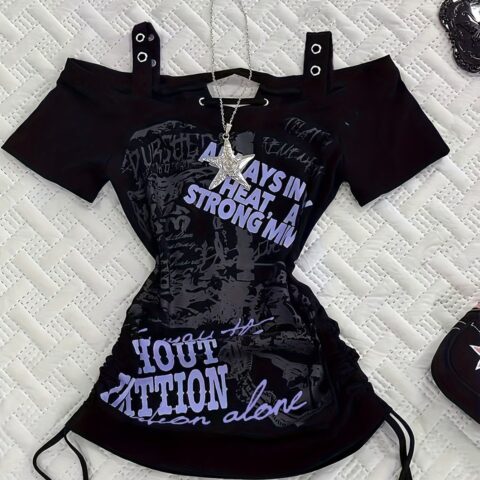 VN1293 Camiseta Estampado de Calavera con Lazo EspaldarY2K T/M