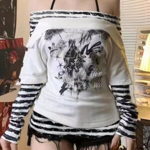 VN1298 Camiseta Color Block Mangas Largas y Rayas Oscuras Estilo 2 en 1 T/M
