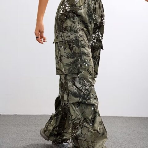 VN1299 Pantalones Cargo Anchos de Camuflaje Negro y Blanco Cintura Ajustable T/L