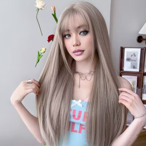 VN1312 Peluca Larga y Recta Gris Marrón con Flequillo de 76.2 cm