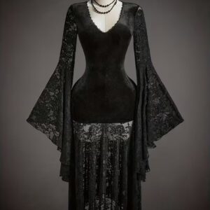 VN1301 Vestido de Encaje en Capas con Cintura Ceñida en V y Mangas Campanas de Terciopelo Negro T/M