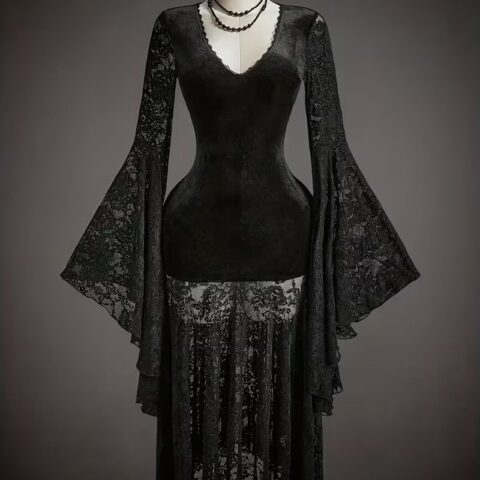 VN1301 Vestido de Encaje en Capas con Cintura Ceñida en V y Mangas Campanas de Terciopelo Negro