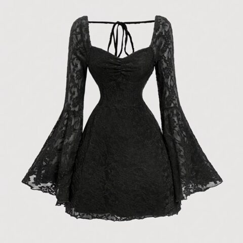 VN1307 Vestido Corto de Mangas Acampanadas cob Encaje T/L