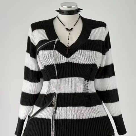 VN1316 Suéter de Rayas Desgastadas de Subcultura Oscura Detalle Cremallera T/M