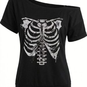 VN1320 Camiseta Casual y Sencilla Calavera y Hombros Descubiertos T/L