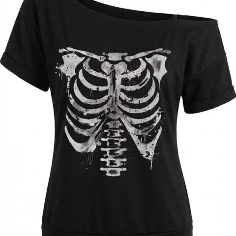 VN1320 Camiseta Casual y Sencilla Calavera y Hombros Descubiertos T/L