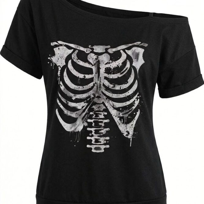 VN1320 Camiseta Casual y Sencilla Calavera y Hombros Descubiertos T/L