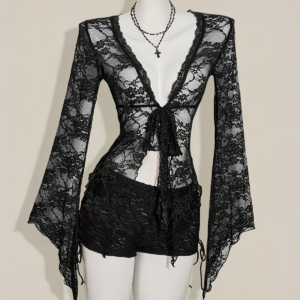 vn1348 cardigan y2k con cordones y detalles de encaje t/m