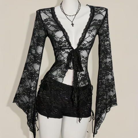 vn1348 cardigan y2k con cordones y detalles de encaje