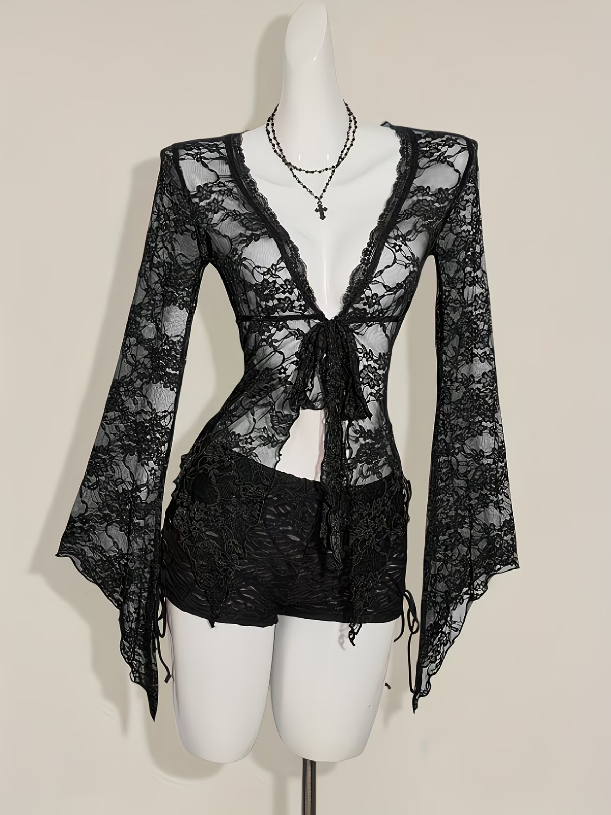 vn1348 cardigan y2k con cordones y detalles de encaje