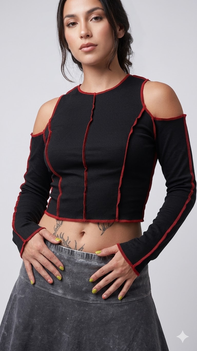 SP147 top negro costuras rojas hombros destapados