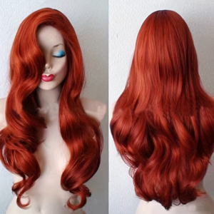 vn1414 Peluca roja estilo Jessica Rabbit fleco y ondulada