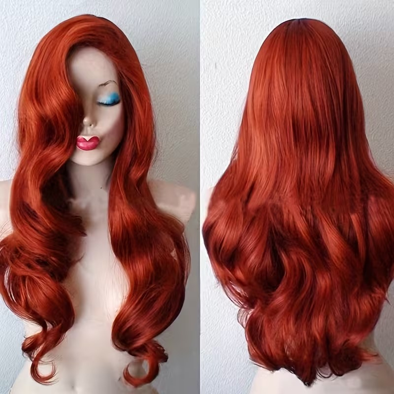vn1414 Peluca roja estilo Jessica Rabbit fleco y ondulada