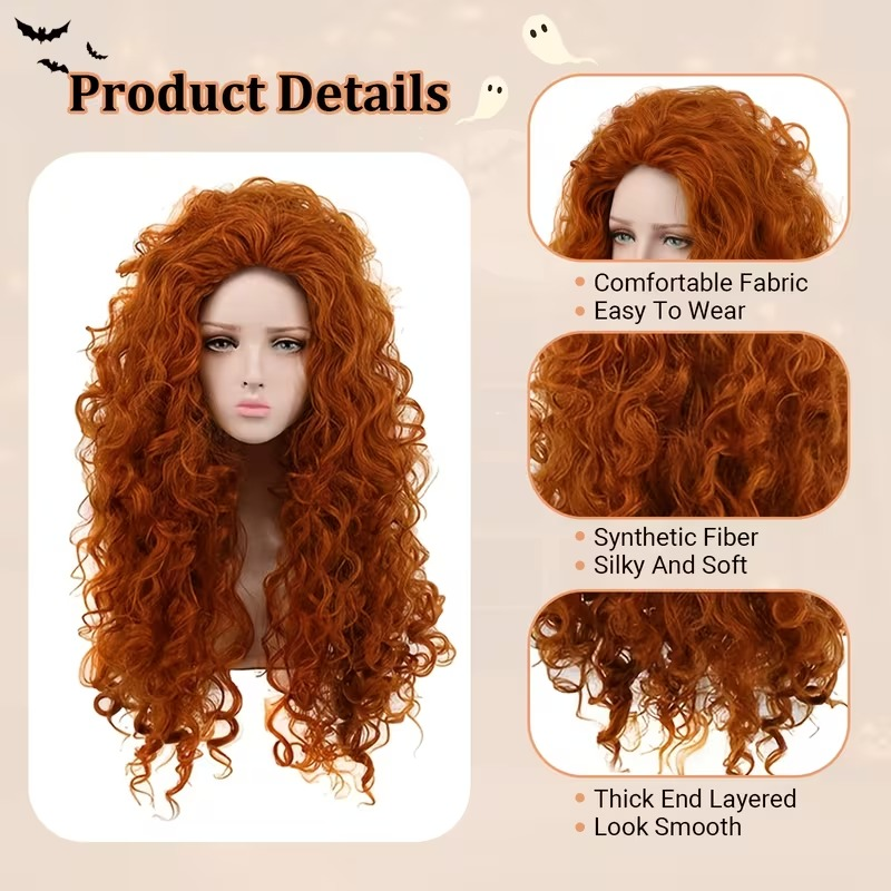 vn1416 Peluca peliroja naranja rizada 60 cm estilo Valiente - Image 2