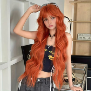 vn1420 Peluca naranja con flecos ondulada 86 cm